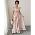 Shipped: cross-border european and american women's summer floral maxi dress with ruffle trim, v-neck, short sleeves, and a-line silhouette