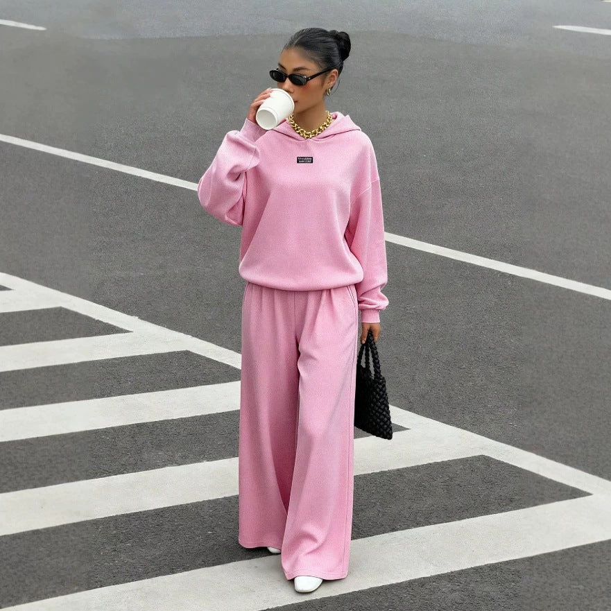 fashion  fall and winter new pink fleece-linedsuit sports knitting pullover shirt and wide-leg pants two pieces