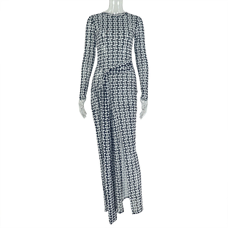 Fashion styleexportelegantwork clothing women's slit slightly see-through waist bag hip skirt printing high collar long sleevesdress trendy