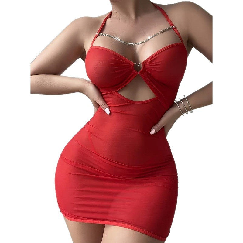 e-commerce  lingerie: sexy, alluring mesh heart-patterned camisole mini dress with chain detail, suitable for loungewear