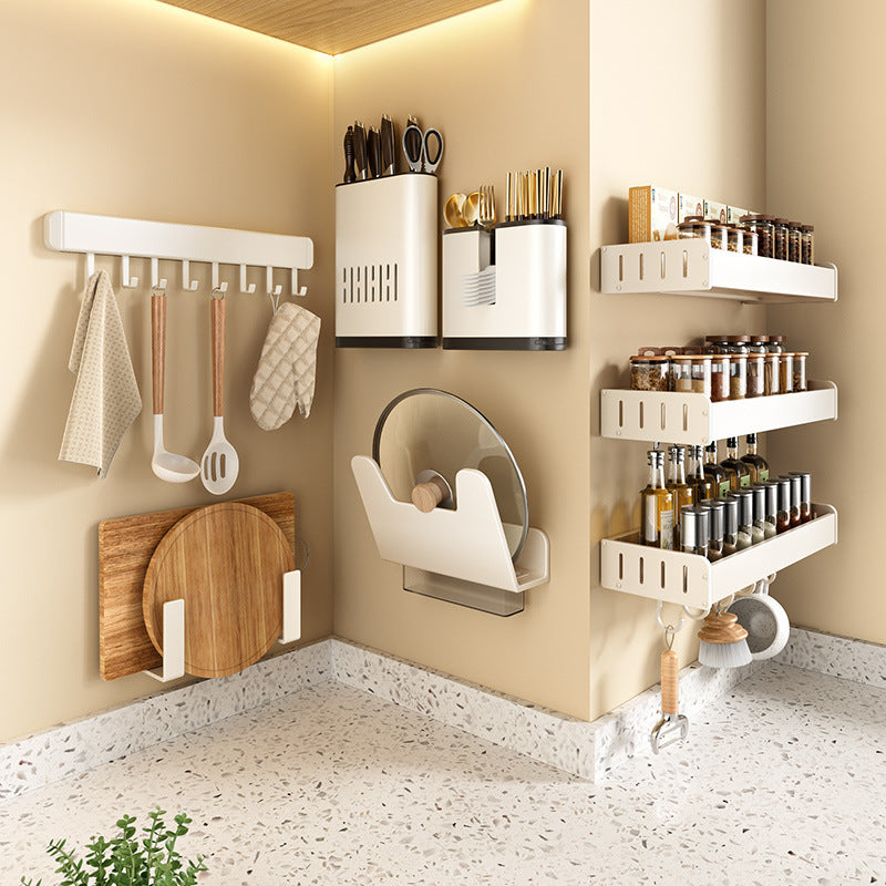 White Kitchen Shelf No Punching Wall Mounted Knife Holder Household Products Daquan Multifunctional Seasoning Storage Shelf
