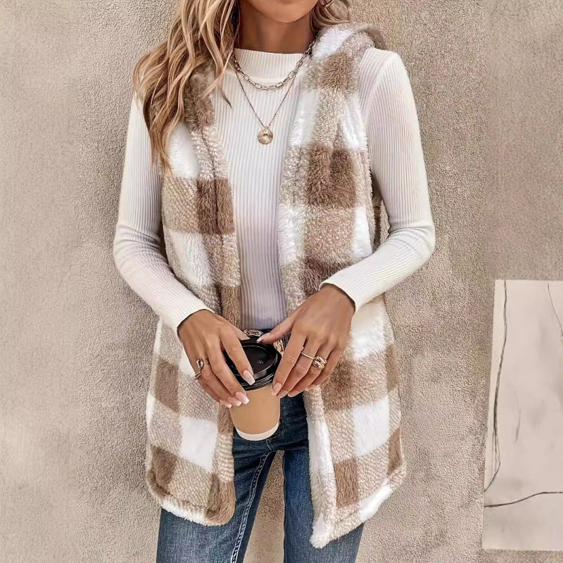Europe, America,  autumn and winter fashion explosion temperament cardigan two-color plaid hooded women's plush vest jacket women