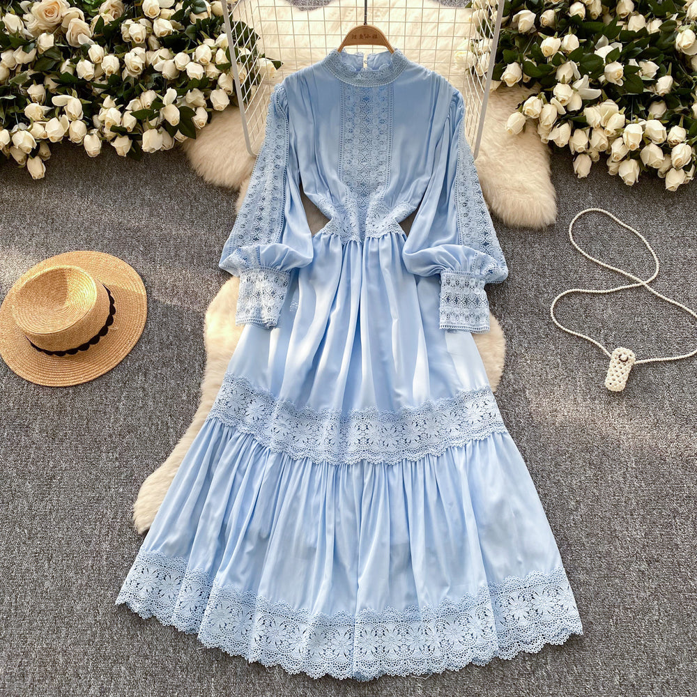 French style women's dress: court-inspired, slim-fit, hollow-out lace panel, flowy maxi dress for vacation