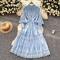 French style women's dress: court-inspired, slim-fit, hollow-out lace panel, flowy maxi dress for vacation