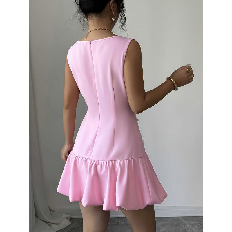 Women's spring/summer new french chic pearl-embellished bow detail round neck fitted sleeveless mini dress
