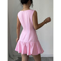 Women's spring/summer new french chic pearl-embellished bow detail round neck fitted sleeveless mini dress