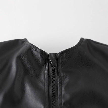 Girls' black cropped pu leather jacket - round neck, long sleeve, new autumn/winter style with puff sleeves