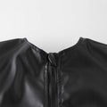 Girls' black cropped pu leather jacket - round neck, long sleeve, new autumn/winter style with puff sleeves