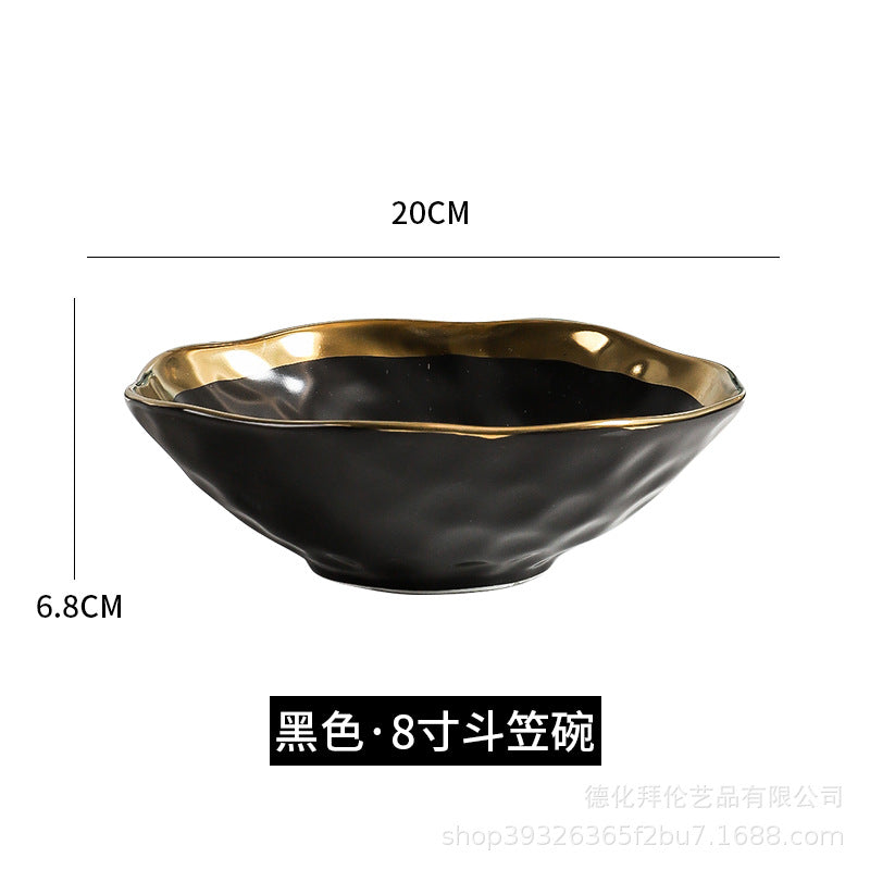 New arrival high-end gold-plated edge western steak plate matte ceramic bowl plate set combination large hat bowl wholesale