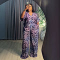 african women's clothing  summer new arrival: elegant v-neck drawstring loose plus size printed top and pants set