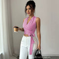 fashionsummernew arrival rose red stripes wrap-around haltertops side straps waist exposed navel