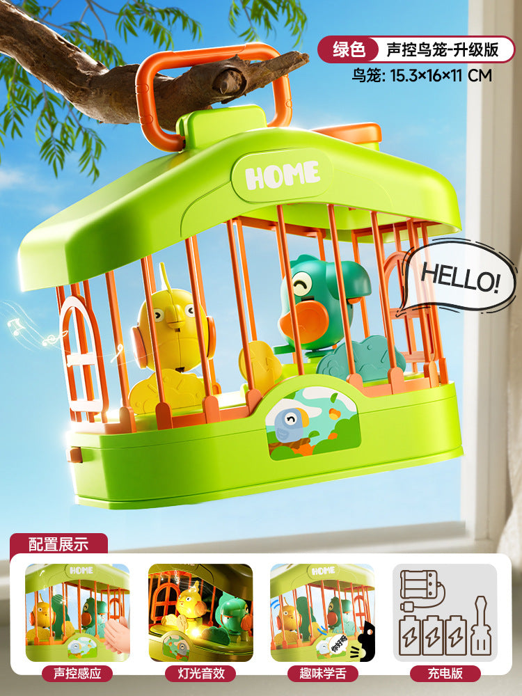 Kids' electric animal model simulation handheld birdcage - smart voice control, lights, parrot mimics speech, nursery rhymes, educational toy