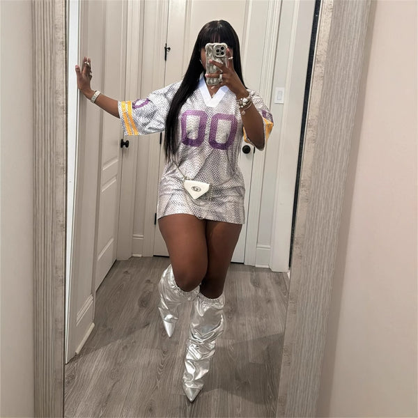 New V-neck  European and American retro printing sports jersey style loose casual dress