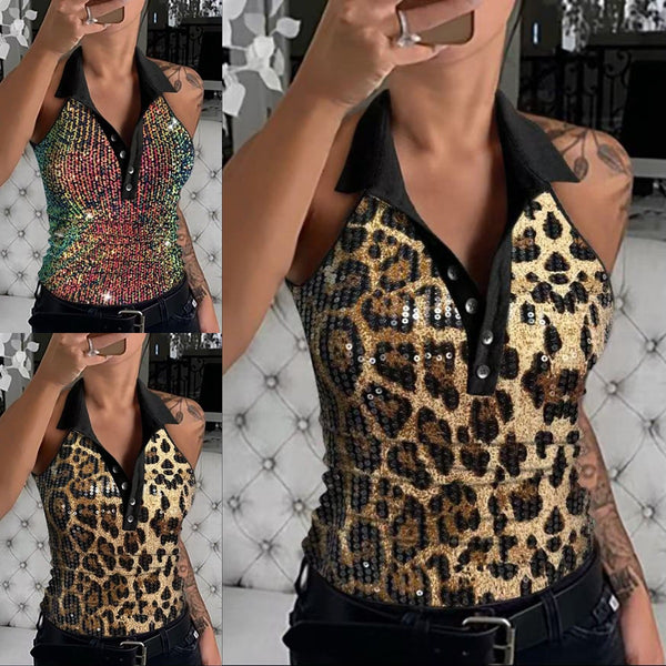 2025 summer women's clothing ,  new, leopard print sequined lapel, sleeveless top