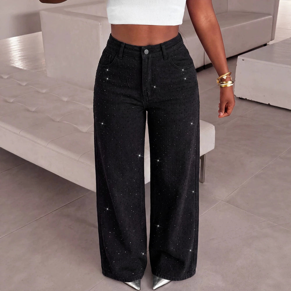 Fashionjeans women's high waist sparkling diamond wide leg jeans starry hot diamond loosedrapedstraight-leg denim pants