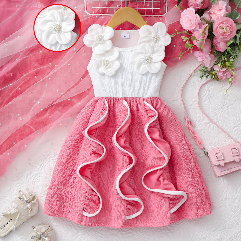 Sweet and adorable girls' (small) dress, sleeveless collared embroidered mesh dress with woven belt