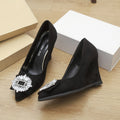 2025 new pointed-toe black heels with square buckle and rhinestone embellishments - french style, stiletto heel, elegant and versatile pumps