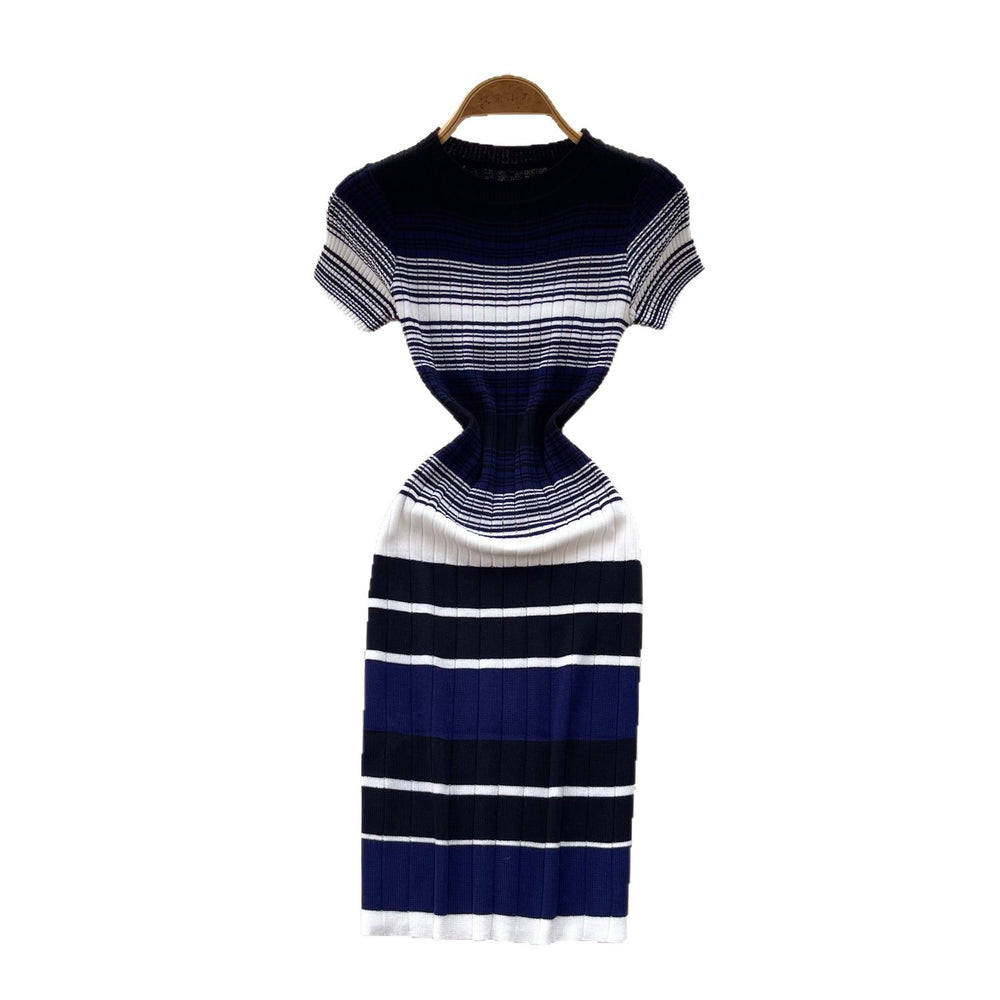 Korean style color block striped knit dress - women's 2026 summer slim fit short sleeve a-line dress - commute chic