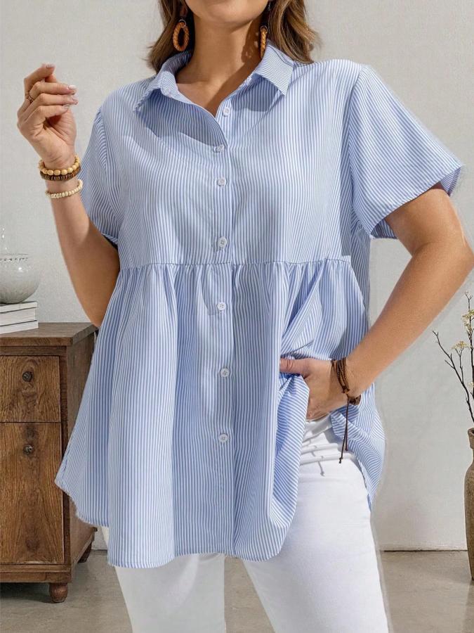 e-commerce   new summer collection: elegant, loose-fitting, casual short-sleeved striped shirt with a turn-down collar