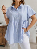 e-commerce   new summer collection: elegant, loose-fitting, casual short-sleeved striped shirt with a turn-down collar