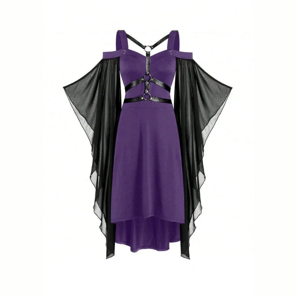 new arrival gothic style large swing sleeves asymmetricalpatchwork halloween witch suspender strap large swing dress