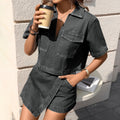 Fashion cross-border foreign trade  independent station new washed v-neck short-sleeved loose irregular denim suit for women