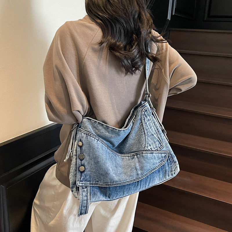Cross-border retro denim large-capacity bag women's 2025 new casual shoulder messenger bag commuter tote bag