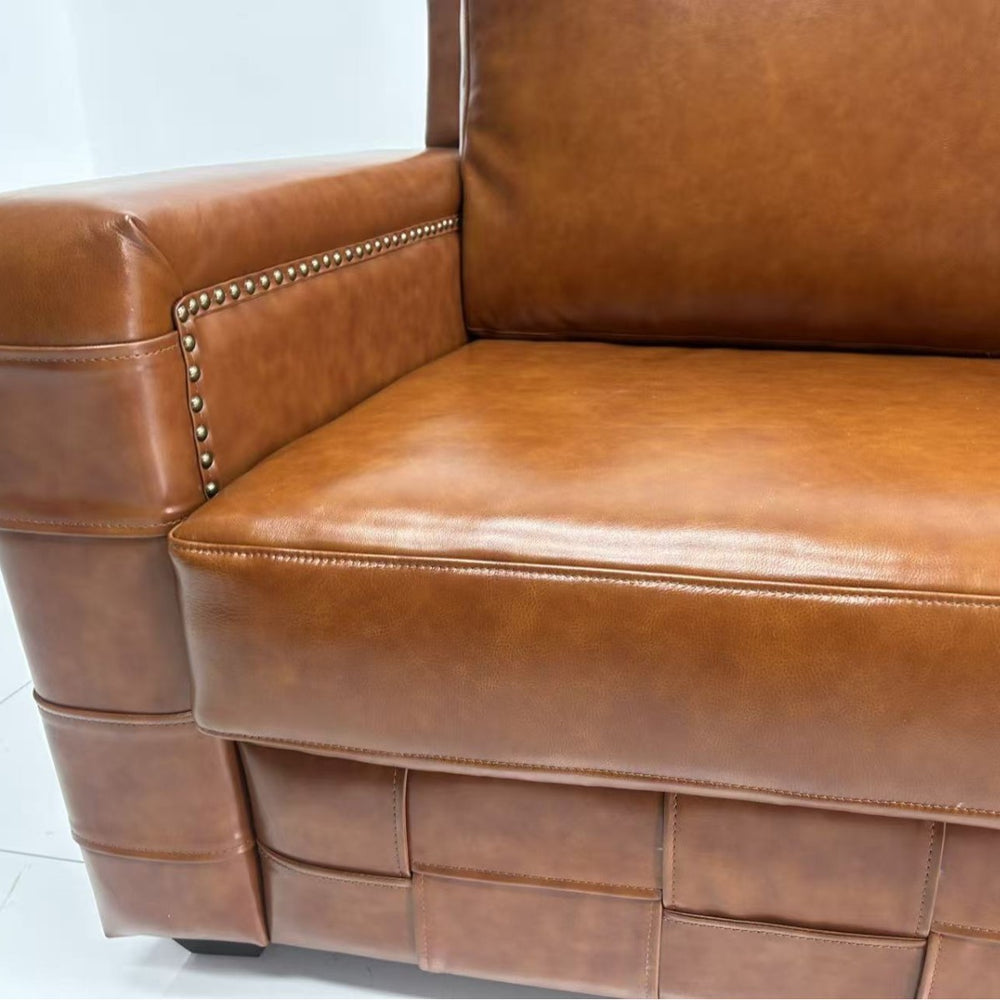Vintage-style oiled leather checkered sofa, retro leather art sofa, designer living room straight three-seater sofa