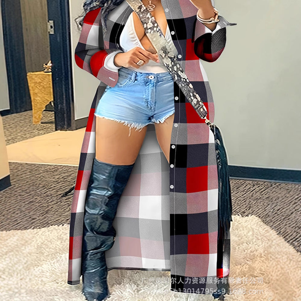 European and American  women's clothing large-size plaid printing long-sleeved cardigan jacket-LPU8082AA5