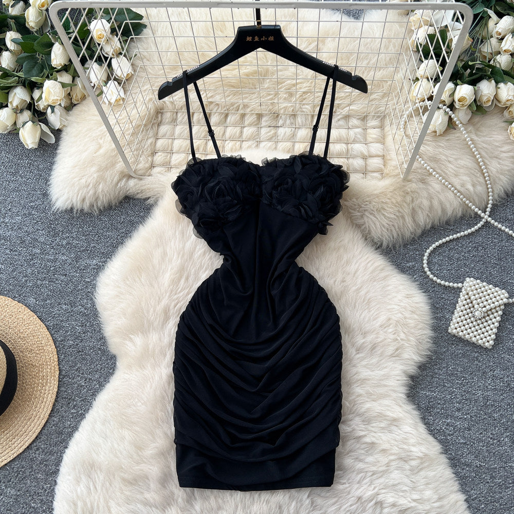Sexy red suspender pleated dress for women summerk-style sleeveless pleated waist bag hip skirt hot girl style