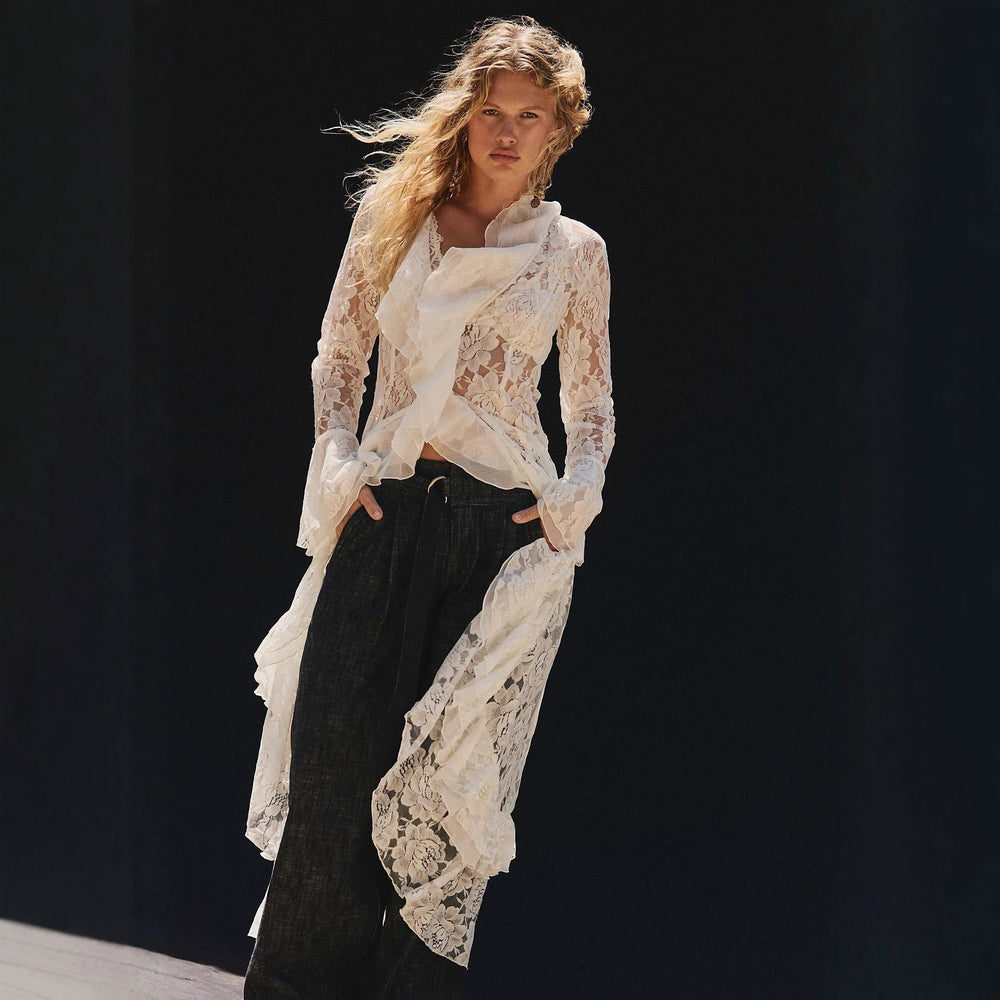 Amazon fashionnew arrivallace see-through sun protection long skirt cardigan bikini beach cover-up elegantelegance