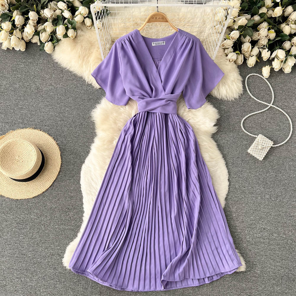 French pleated silmlong holiday style chiffon pleated long skirt pure colorelegantv necknew arrivalfrenchdress