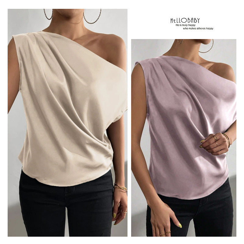 spring solid color satin faux silk asymmetrical one-shoulder off-the-shoulder sleeveless pullover blouse - european & american style women's clothing