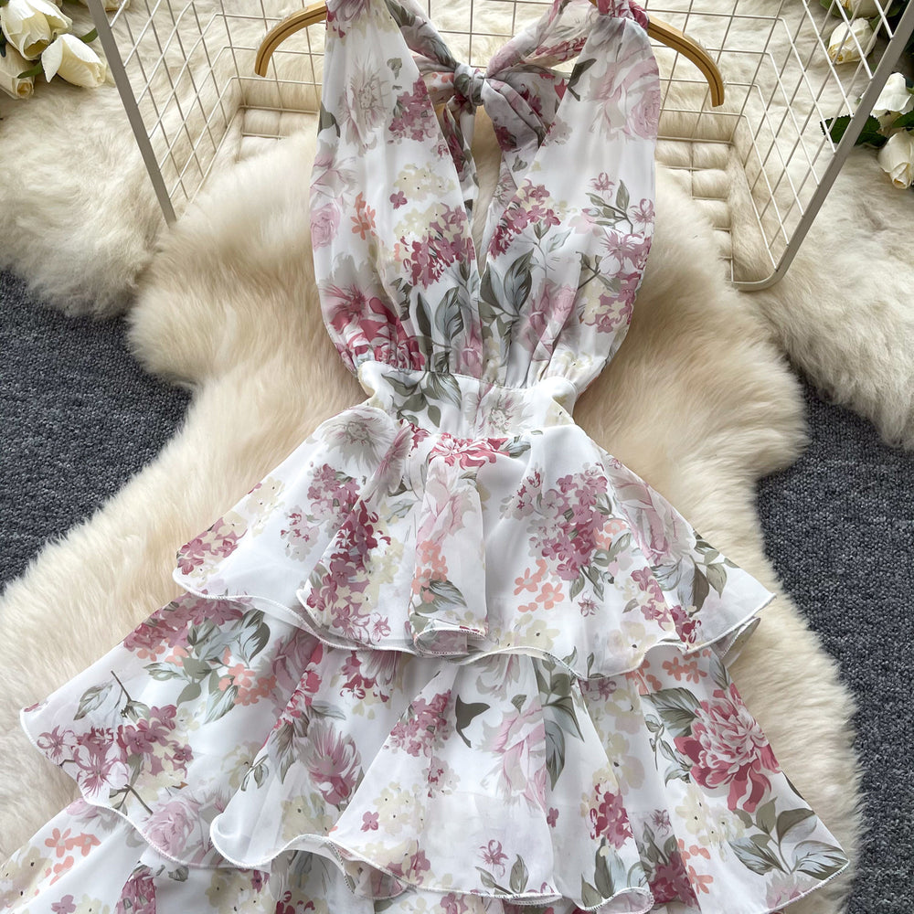 Frenchromantic style v neckhalter floral dress female summer k-stylesweet sleeveless ruffles cake skirt slimming look