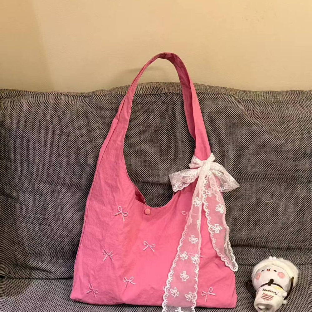 spring new arrival: large capacity shoulder bag vest - korean style sweet embroidered bowknot ruched versatile commuter bag for women