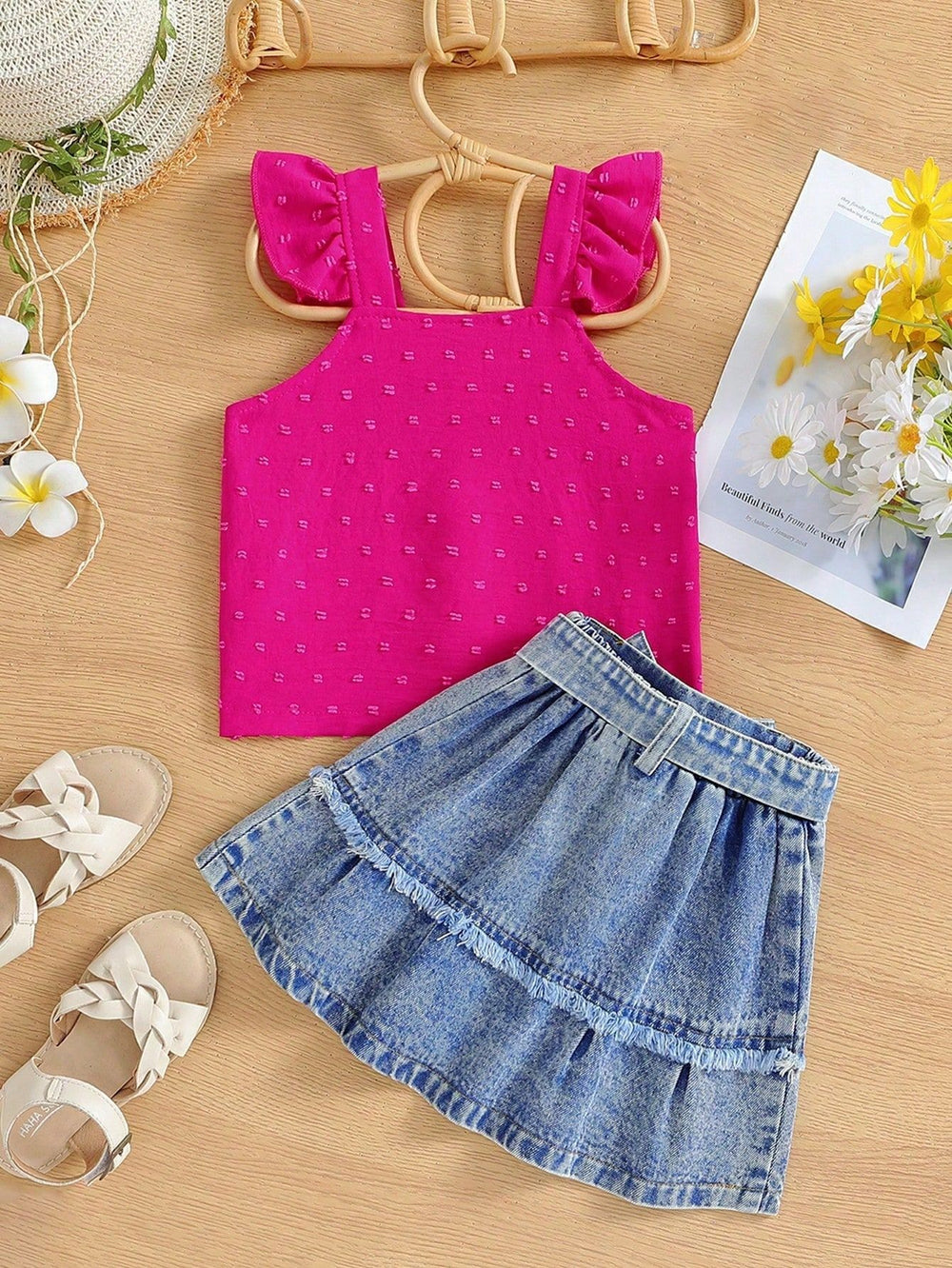 hot-selling girl lotus leaf small flying sleeve texture tops peach heart embroidered washed denim skirt suit