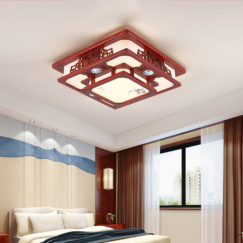 Chinese ceiling lamp rectangular solid wood living room lamp antique Chinese style Chinese style dining room bedroom lamp LED lighting