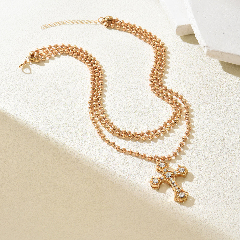 Wholesale hollow cross necklace - european & american cross-border retro, light luxury, high-end, diamond-studded, unique round bead chain accessories