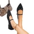 Fashion classic black suede pointed toe studded mary jane shoes women's retro style flatsflats pointed toe mary jane