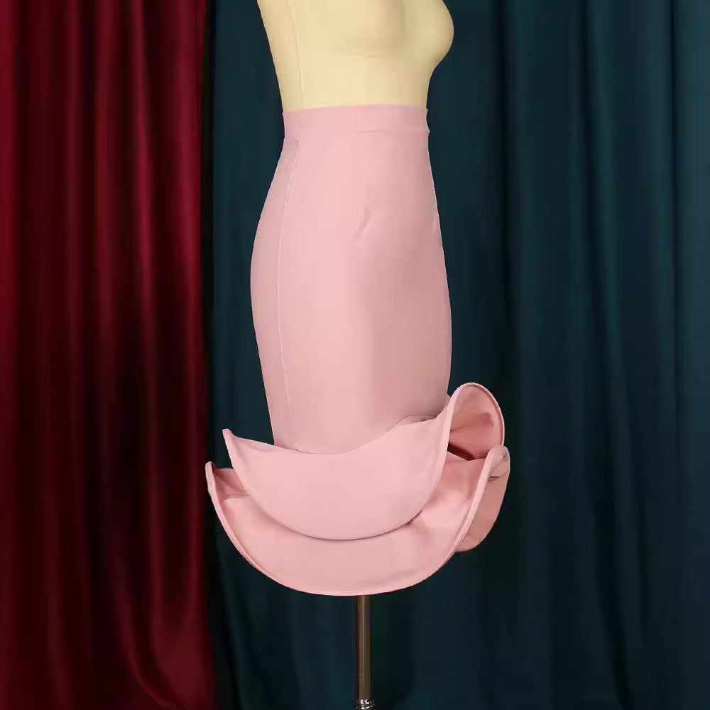 Women's mermaid elastic high waist pink asymmetrical ruffle skirt elegant party dress