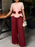 New arrivalpatchworkcontrast color jumpsuit lotus leaf hem stereo flower slimming lookstraight-leg jumpsuit jumpsuits