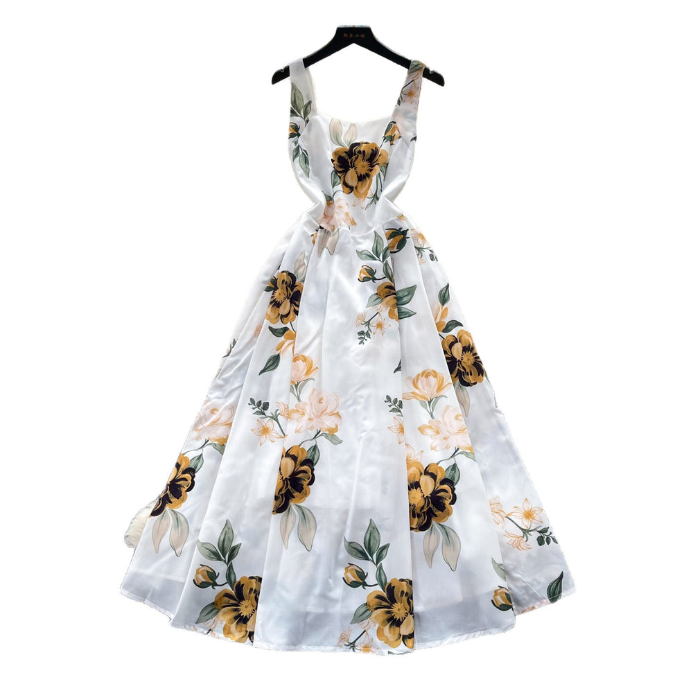 French riviera style printed cami dress - women's summer soft & chic white a-line dress - slim fit, figure-flattering, elegant maxi dress