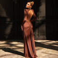 fashion  autumn new arrival women's pure colorlong sleeves high collarelegant silm pleated backless long dress