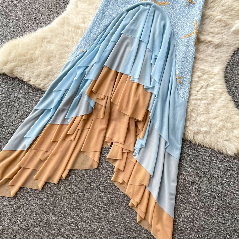 Vacation style slanted shoulder suspender dress for women summer blue sea star gradient asymmetrical fishtail skirt accessible luxury
