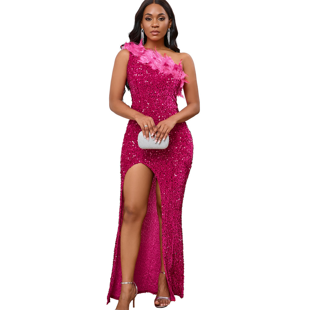 D525  cross-border new fashion elegant asymmetrical neckline high-waisted slit maxi dress sequin gown