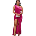 D525  cross-border new fashion elegant asymmetrical neckline high-waisted slit maxi dress sequin gown