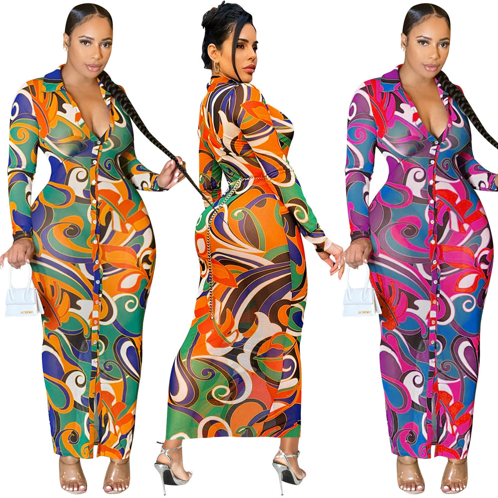 C5838 special offer: no returns or exchanges. please purchase with care. cross-border fashionable european and american women's sexy mesh printed v-neck dress