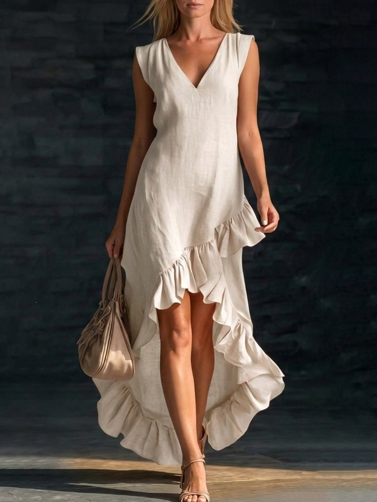 european and american cross-border  new fashion romantic sleeveless v-neck ruffle hem cotton linen maxi dress