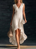european and american cross-border  new fashion romantic sleeveless v-neck ruffle hem cotton linen maxi dress