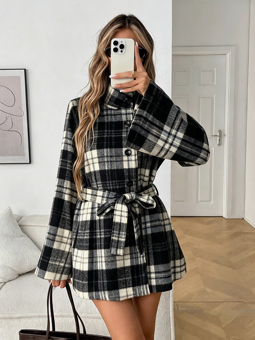 1688fashioncontrast colorplaidwoolentops lapel double breastedlooseslimming lookflared sleevesshortplaidoutwear